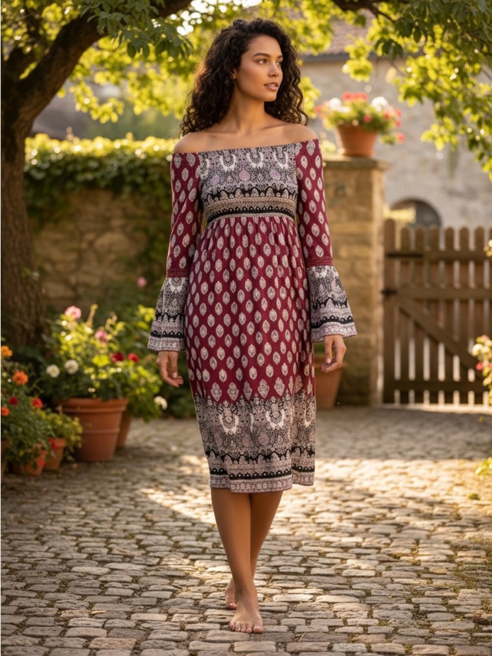 Xhilaration Smocked Off-Shoulder Midi Dress Burgundy Print Size XS